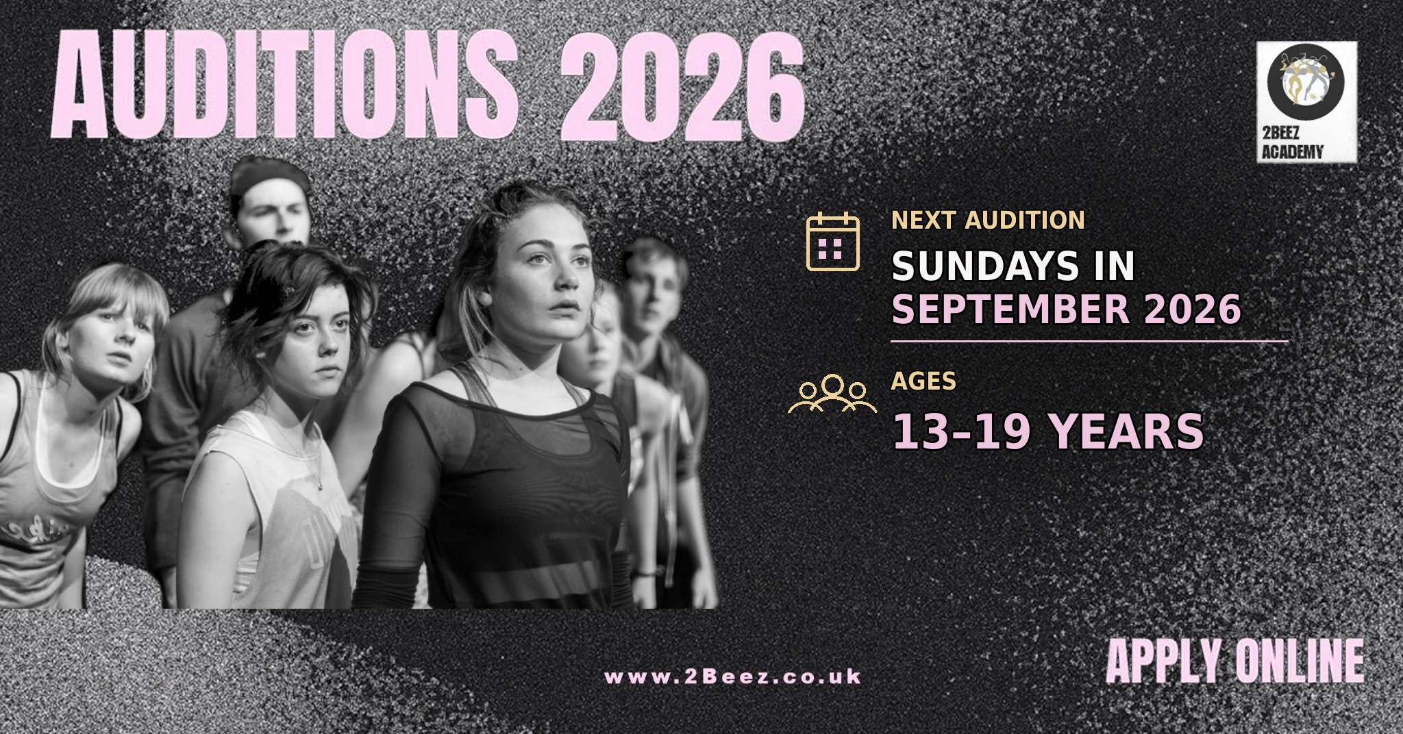 Auditions 2026 graphic showing next audition Sundays in September 2026 and ages 13-19 years