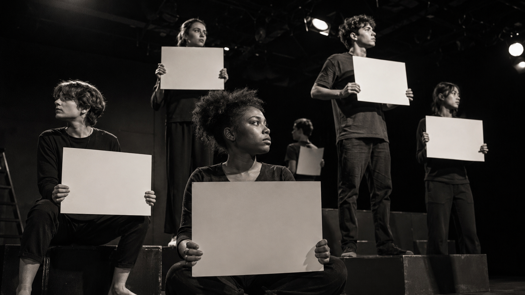 Brecht-inspired stage image with performers holding placards