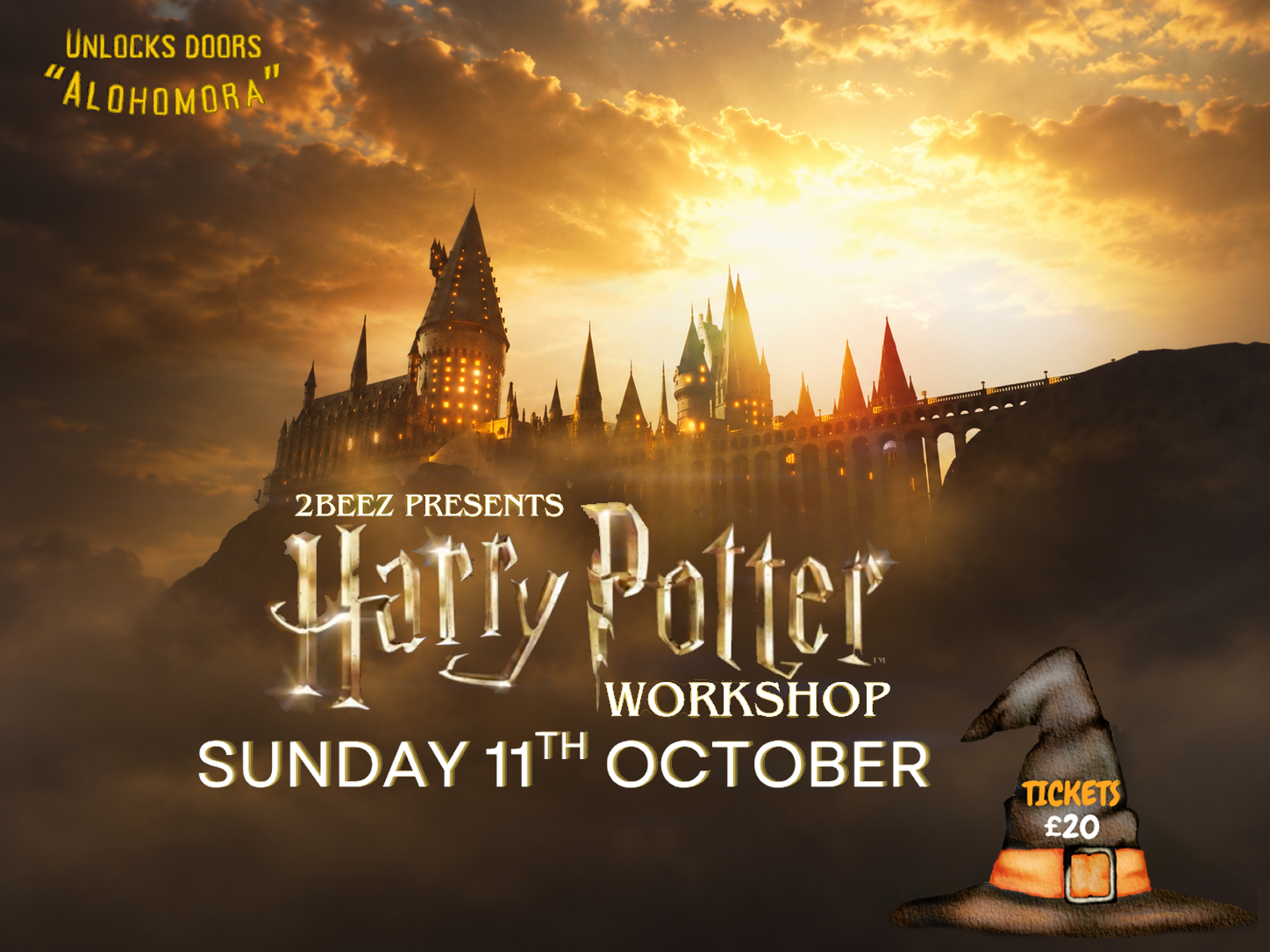 2BEEZ Harry Potter Workshop promotional image with a magical castle scene and workshop title