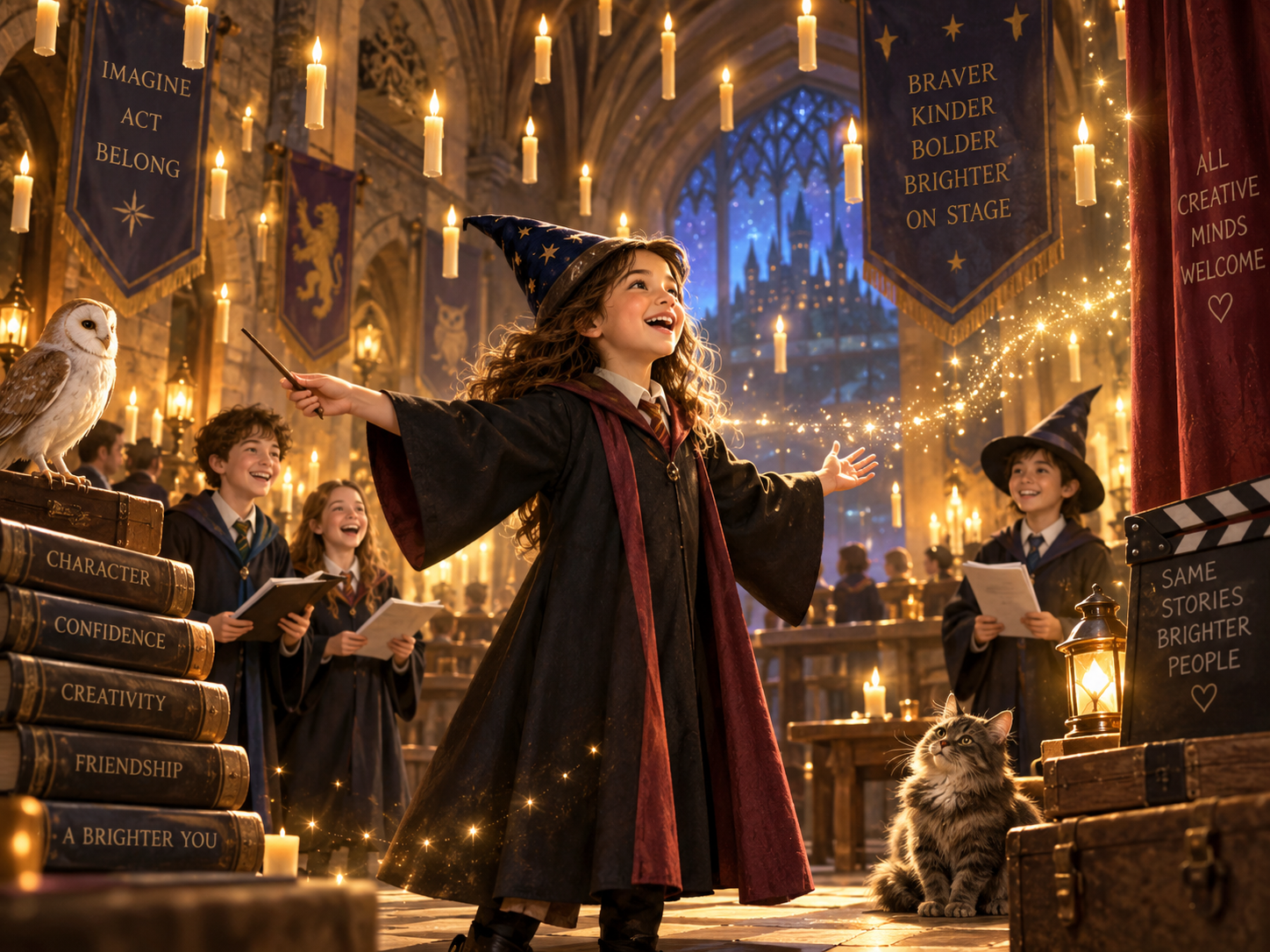 Children acting in a magical great hall