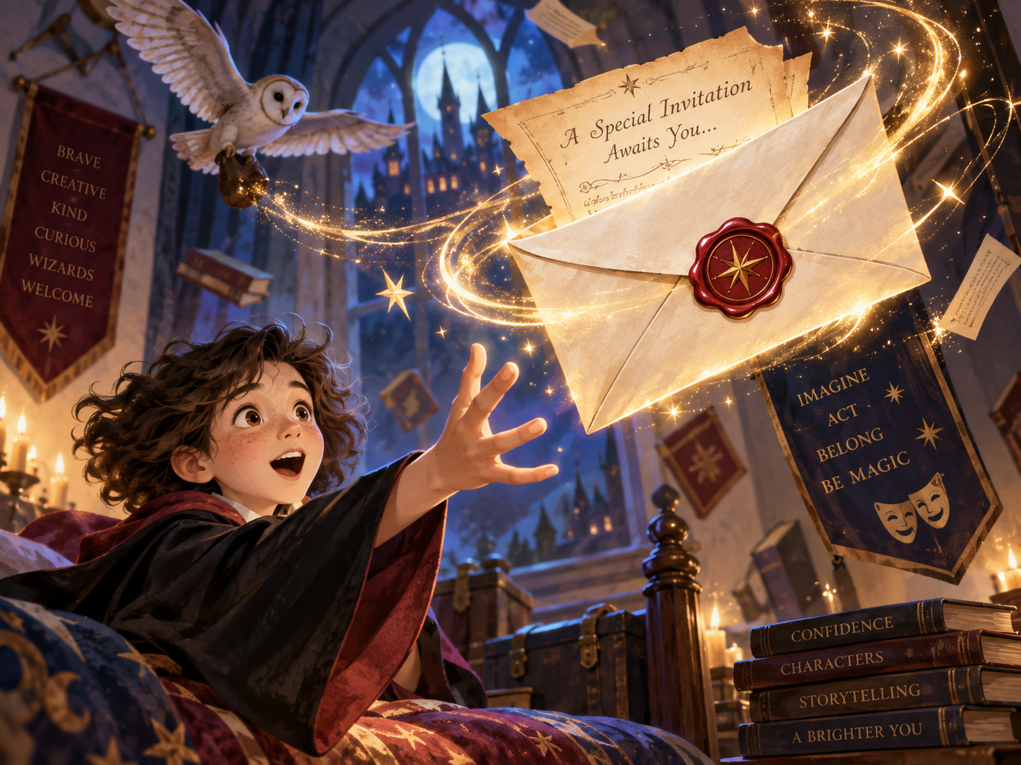 A magical invitation arriving in a wizarding bedroom